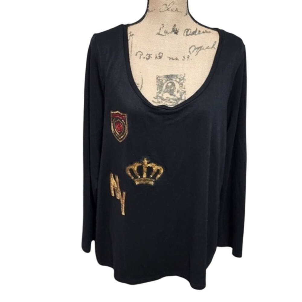 Lane Bryant Black Sequin Crown NY Patch Scoop Neck Long Sleeve Top 18/20โ